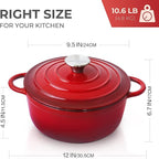 Trustmade 4.5 QT Cast Iron Dutch Oven, Enamel Coated Cookware Pot with Self Basting Lid for Home Baking, Braiser, Cooking, Red