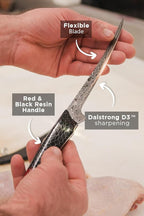Dalstrong Fillet Knife - 7 inch - Scorpion Series - Exclusive Japanese V12 Ultra™ Steel - Black Damascus - Black & Red Honeycomb Resin Handle Cooking Boning Knife Gift - Custom-Fit Leather Sheath