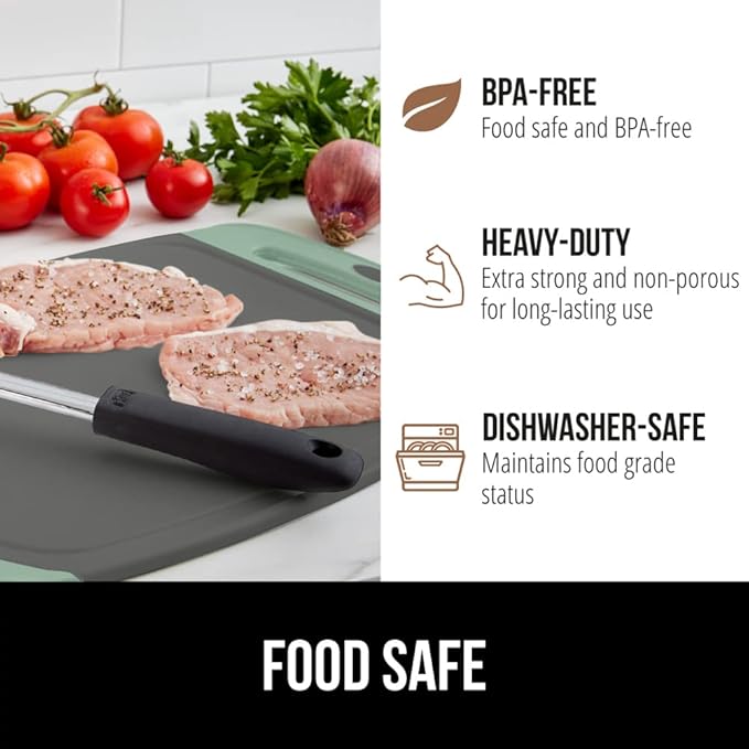GORILLA GRIP BPA-Free Reversible Kitchen Cutting Board Set of 3, US Designed, Nonporous, Juice Grooves Catch Liquid, Slip Resistant Border, Dishwasher Safe, Durable Food Chopping Boards, Mint Gray