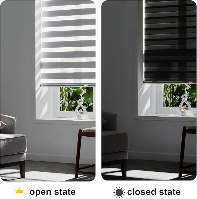 Persilux Cordless Zebra Shades (47" W X 72" H, Grey) Free-Stop Window Shades Dual Layer Light Control for Day and Night, Light Filtering Sheer Blinds for Windows, Easy to Install