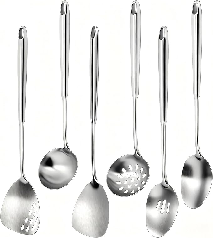 6Pcs Stainless Steel Kitchen Utensils Set – Cooking Utensils Set Stainless Steel, Metal Cooking Utensils with Wok Spatula, Serving Spoons,Ladle Set– Durable Cooking Supplies for Home and Camping