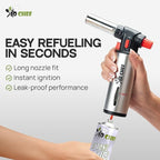 Jo Chef Kitchen Torch with Butane Included – Refillable Lighter with Safety Lock & Adjustable Flame, Blow Culinary Torch for Cooking, BBQ, Creme Brulee, DIY and Soldering - 5 Cans (3.38oz) Included