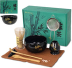 Matcha Whisk Set, Ceramic Bowl with Spout, Matcha Whisk & Holder, Bamboo Scoop & Spoon, Scoop Rest, Sifter, Towel, 8 Pcs Complete Kit for Tea Ceremony, Gift for Friend/Family(Black)