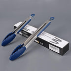 HOTEC Premium Stainless Steel Locking Kitchen Tongs with Silicon Tips, Set of 2-9" and 12", Classic Blue