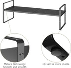 16.5~27.1" Expandable Shelf Organizer, 1Pack 10.2" Wide Stackable Cabinet Shelf Organizers, Black Metal Sturdy Kitchen Counter Storage for Countertop, Adjustable Height Spice Rack