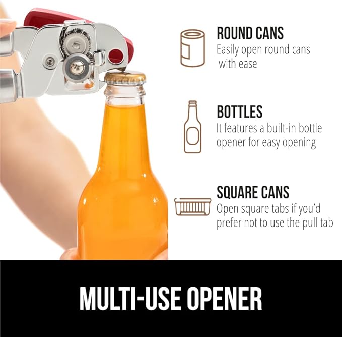 GORILLA GRIP Heavy Duty Stainless Steel Smooth Edge Manual Can Opener and Bottle Openers, Soft Comfortable Handle, Oversized Handheld Turn Knob, US Designed Multifunctional Kitchen Tool, Red