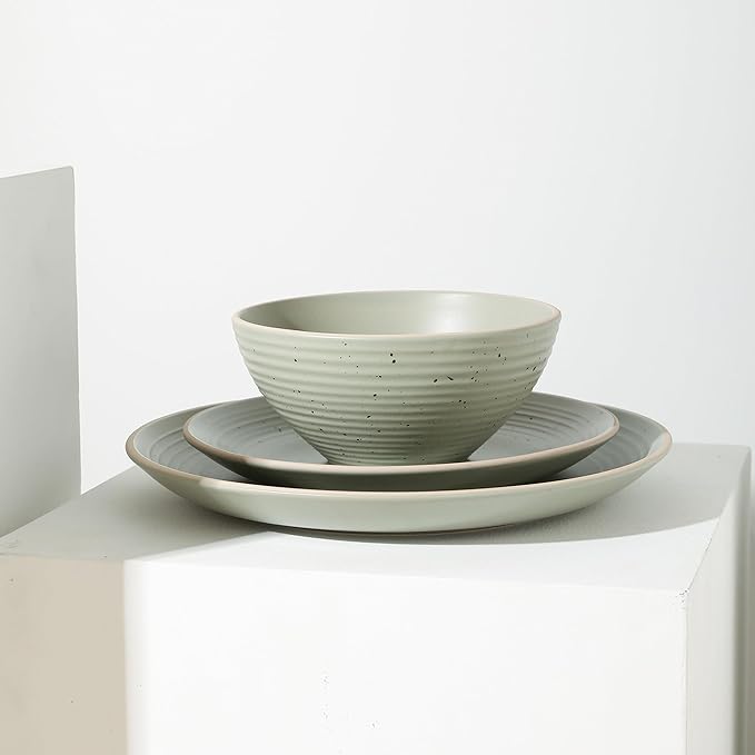 Stone Lain Lauren Stoneware, Rustic Plates and Bowls Set, Dinnerware, Service for 4, Speckled Green, Dishwasher & Microwave Safe, 16-Piece