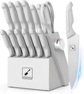 imarku® 14-Piece Kitchen Knife Set with Block and Sharpener, Professional Stainless Steel with Non-Slip Ergonomic Handle, Dishwasher Safe, Home Essential, Gray-White