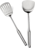304 Stainless Steel Kitchen Utensils Set, 2 Pcs Long Metal Utensils Set with Spatula, Slotted Spatula Turner (Dishwasher Safe)