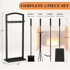 Gtongoko 29 Inch 5 Pieces Fireplace Tools Set with Stand, Outdoor Fire Tools for Fireplace with Poker, Shovel, Brush, Tong and Base, Fireplace Accessories Fire Place Set Tools, Black