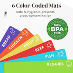 Personalized Easy-to-Clean Bamboo Wood Cutting Board with set of 6 Color-Coded Flexible Cutting Mats with Food Icons - Chopping Board Set