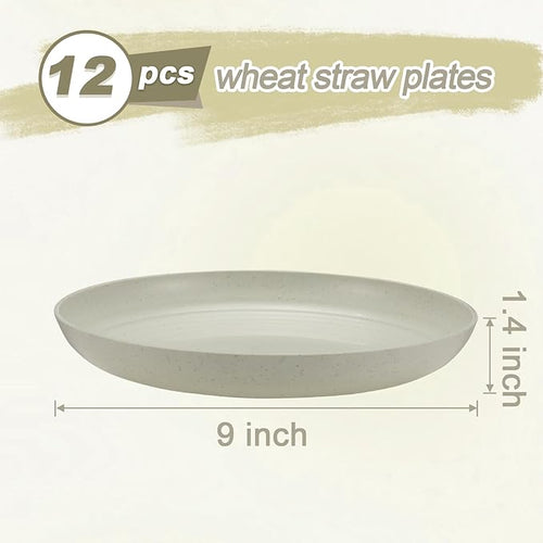 12 Pcs Unbreakable Deep Dinner Plates Set, 9 inch Reusable Plastic Wheat Straw Plates, Microwave and Dishwasher Safe Plate for Kitchen, Lightweight Plate for Dessert, BPA Free, 4 Colors