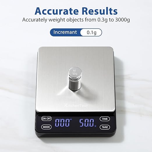 KitchenTour Nano Coffee Scale with Timer 3kg/0.1g, 3 Mode for Espresso Machine and Pour Over, High Precision Pour Over Drip Espresso Scale with Back-Lit LCD Display