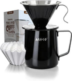 AGOGO Compact Portable Pour Over Coffee Maker Set - Easy Cleaning 304 Stainless Steel Dripper Set for Camping & 50 Filters Paper & Cleaning Rag (Black, 600ml)