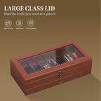 AUTOARK 2-Tier PU Leather & Velvet Knife Organizer with 17 Slots,Transparent Glass Top & Drawer,Compact Storage for Pocket Knives,Perfect for Men's Collections & Gifts,Coffee,MKAW012