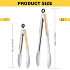 2 Pcs Tongs For Cooking - 9 Inch and 12 Inch, Stainless Steel Kitchen Tongs, Heat Resistant 1100°F, Pull Ring Lock, Solid Wood Handles, For Grilling, Barbecuing, Cooking