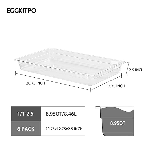 Polycarbonate Full Size Food Pans 6 Pack BPA Free 2.5 Inch Deep Pan Freezer Safe Stackable Clear Food Storage Containers for Kitchen Party Supplies and Prep Table