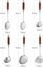 Stainless Steel Kitchen Utensils Set with Wood Handle, 18/10 Metal Cooking Utensils Set, 6-Piece - Spatula, Spoon, Ladle, Skimmer, Slotted Spoon, Pasta Server (Dishwasher Safe)