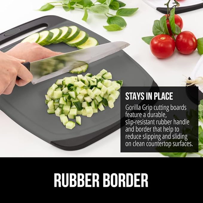 GORILLA GRIP BPA-Free Reversible Kitchen Cutting Board Set of 3, US Designed, Nonporous, Juice Grooves Catch Liquid, Slip Resistant Border, Dishwasher Safe, Durable Food Chopping Boards, Black Gray