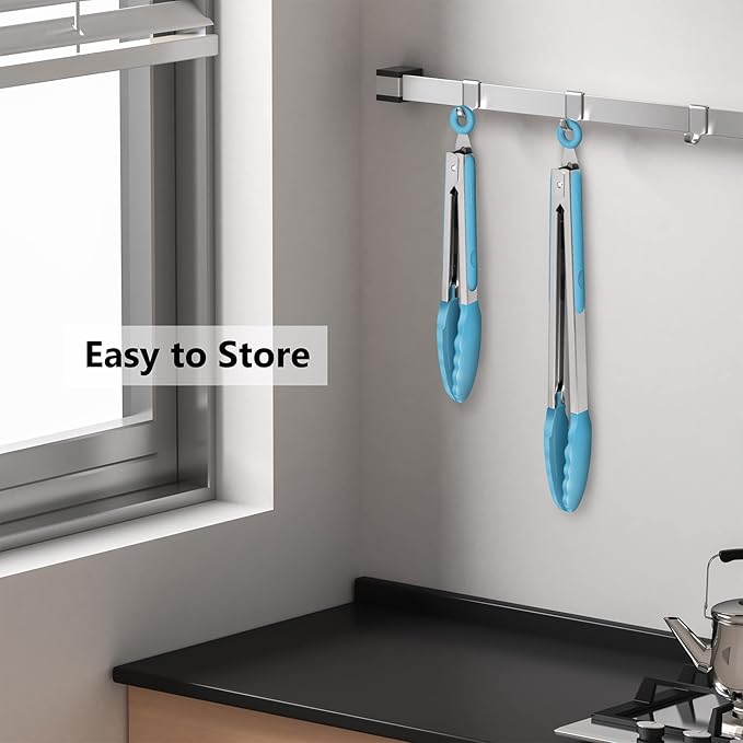 Set of 2 Kitchen Tongs, Premium Stainless Steel Locking 9-Inch & 12-Inch Silicone Grilling Barbeque Cooking Food Tong, Blue
