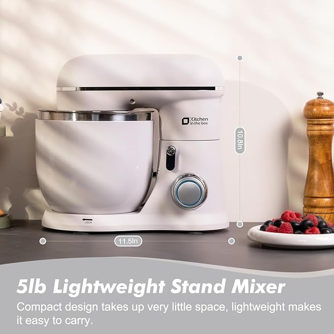 Kitchen in the Box Stand Mixer, 3.5QT Two Bowls Small Kitchen Electric Mixer, 10-Speed Portable Lightweight with Matte Finish, Egg Whisk, Dough Hook, Beater (Frost White, 3.5QT)
