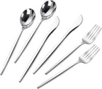 PULOTE 300PCS Silver Plastic Silverware Disposable - Heavy Duty Silver Plastic Cutlery - Disposable Utensils Set Include 100 Knives, 100 Forks and 100 Spoons for Party & Wedding