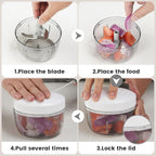 Manual Food Processor & Vegetable Chopper Grey - 2.3 Cup Mini Hand-Pull Cord Kitchen Chopper for Onion, Garlic, Vegetables with 3 Stainless Steel Blades