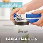 Kitchen Genie Slip Resistant Stainless Steel Manual Can Opener, Sharp Blade for Smooth Edge Cuts, Easily Open Cans, Ergonomic Handles with Easy to Turn Knob, Built-In Bottle Openers, Cobalt Blue