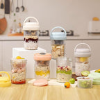 4 Pack Overnight Oats Containers with Lids and Handles, Folding Spoons & Divided Compartments for Fruit & Nuts, 16oz Glass Mason Jars for Oatmeal, Meal Prep & Breakfast (Cream/Blue/Gray/Pink)