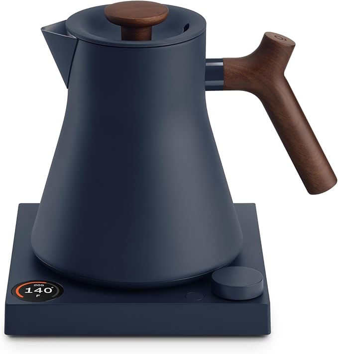 Fellow Corvo EKG Pro Electric Tea Kettle - Quick Heating, Precise Temperature Control Electric Kettle, Scheduling, Built-in Brew Timer for Boiling Water - Stone Blue with Walnut Handle - 0.9 Liter