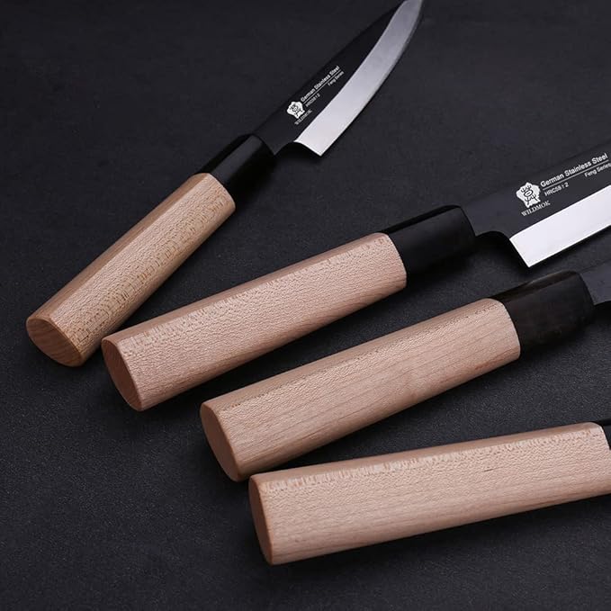 WILDMOK Set of 4 GYUTO Sushi Chef Knives-Yanagiba-Deba-Nakiri-Utility Kitchen Knife, Fish Slicing Filleting Knife Sets with German Steel Blade & Traditional Wooden Handle