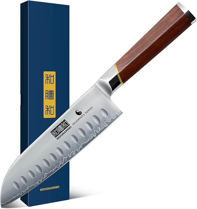 HOSHANHO 7 Inch Santoku Knife，Professional Japanese High Carbon Steel Chef Knife, Razor Sharp Kitchen Knife with Ergonomic Red Sandal Wooden Handle - Gift Box