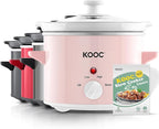 KOOC Small Slow Cooker, 2-Quart, Free Liners Included for Easy Clean-up, Upgraded Ceramic pot, Adjustable Temp, Nutrient Loss Reduction, Stainless Steel, Pink, Round