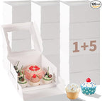 Bento Cake Box With Cupcakes, Clear Window 6 Holes Bento Combination,6 Sets: Cookie Boxes Fit 5 Regular Cupcake and Mini Cakes, Christmas Wedding Birthday Party (White/clear, 1+5/6pcs)