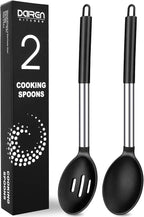 Pack of 2 Large Silicone Cooking Spoons, Non-Stick Stainless Steel Slotted and Solid Spoon Set for Serving, Mixing, Draining, Heat Resistant, Scratch Resistant and BPA Free Kitchen Scoops (Black)