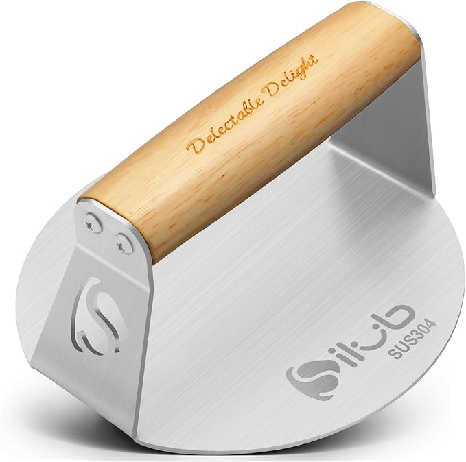 Smash Burger Press,304 Stainless Steel 6.0 Inches Round Hamburger Smasher with Anti Scald Wood Handle, Non-Stick Burger Press Perfect for Flat Top Griddle Grill Cooking
