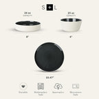 Stone Lain Elica 24-Piece Modern Dinnerware Set Stoneware, Plates and Bowl Sets for 8, Black and Beige