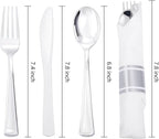 Liacere 100 Pack Silver Plastic Silverware-Pre Wrapped cutlery and Napkin-Pre Rolled Silverware Disposable 100 Forks, 100 Knives 100 Spoons, 100 Napkins Plastic Utensils＆Father's Day＆Independence Day