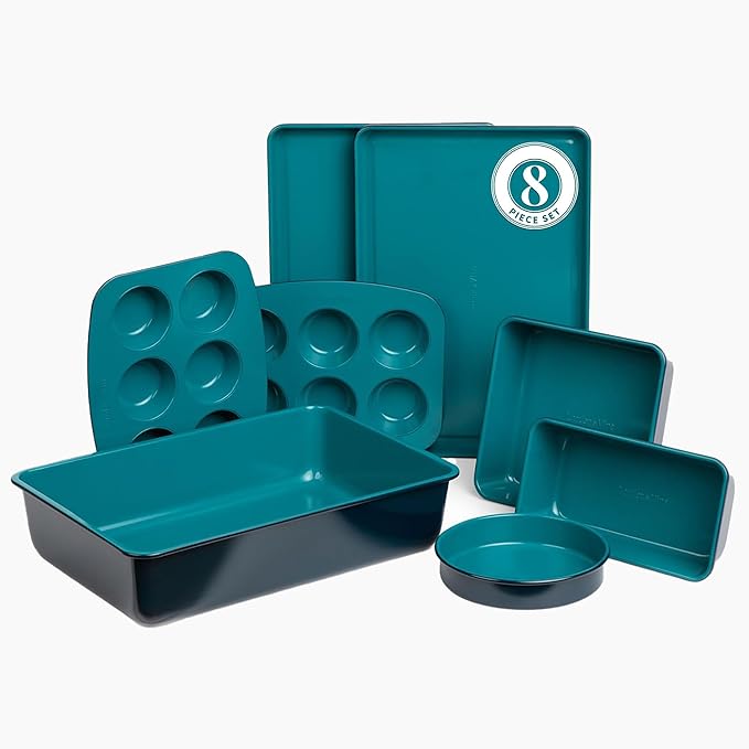Larder & Vine 8-Piece Bakeware Set | Non-Stick Baking Set with Ceramic Finish | PFAS, PFOA, PTFE, and BPA Free Baking Essentials | Baking Sheets, Muffin Tins and Assorted Baking Pans | Bondi