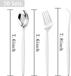 PULOTE 150PCS Silver Plastic Silverware Disposable - Heavy Duty Silver Plastic Cutlery Set - Plastic Utensils Set Include 50 Knives,50 Forks and 50 Spoons for Wedding,Party&Christmas