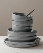 Famiware Milkyway Stoneware Dinnerware Sets with Pasta Bowls, Service for 4 (16 Pieces), Plates and Bowls Sets -Scratch Resistant, Microwave and Dishwasher Safe Dishes Set, Dark Gray