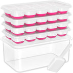 DOQAUS Ice Cube Tray with Lid and Bin, 4 Pack Silicone Plastic Ice Cubes Trays for Freezer with Box/Container, Stackable with Storage Iced Bucket Kits, Scoop, for RV, Soup, Food, Cocktail, Coffee