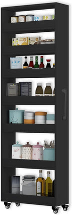 7-Tier Slim Storage Cart, Wooden Rolling Pantry Cabinet with Wheels, Narrow Shelf Organizer for Kitchen, Bakers Rack, Dining Room, Closet, Small Spaces Dark Walnut 47.2" H*7.8" W*16.9" D