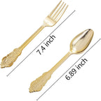 BUCLA 200 Piece Gold Plastic Silverware - Baroque Style Gold Plastic Forks and Spoons - 100 Forks and 100 Spoons for Weddings, Parties & Thanksgiving