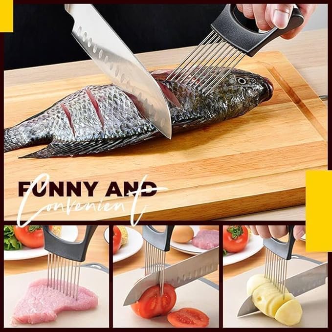 Onion Slice Holder, 2024 New Stainless Steel Holder for Slicing, Chopper Assistant Tool, Cutter for Meat, Onion, Potato, Tomato - Kitchen Gadgets (Black, 1 Pack)