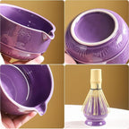 Matcha Tea Set, 5-Piece Ceramic Matcha Bowl & Whisk Kit with Cute Cat Pattern, Traditional Japanese Chawan, Scoop & Sifter, Perfect for Tea Ceremony, Gift for & Tea Lovers (Purple;)