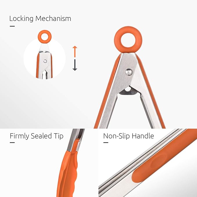 Kitchen Tongs, U-Taste 7/9/12 inches Cooking Tongs, with 600ºF High Heat-Resistant Non-Stick Silicone Tips, 18/8 Stainless Steel Handle, for Food Grill, Salad, BBQ, Frying, Serving, Pack of 3(Orange)