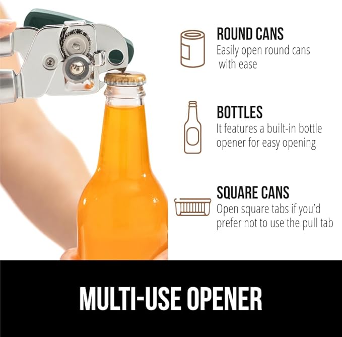 GORILLA GRIP Heavy Duty Stainless Steel Smooth Edge Manual Can Opener and Bottle Openers, Soft Comfortable Handle, Oversized Handheld Turn Knob, US Designed Multifunctional Kitchen Tool, Hunter Green