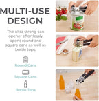 Kitchen Genie Slip Resistant Stainless Steel Manual Can Opener, Sharp Blade for Smooth Edge Cuts, Easily Open Cans, Ergonomic Handles with Easy to Turn Knob, Built-In Bottle Openers, Pitch Black