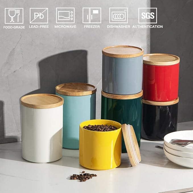 Sweejar Kitchen Canisters Ceramic Food Storage Jar, Stackable Containers with Airtight Seal Wooden Lid for Serving Coffee Bean, Flour, Tea, Cookies and More - 58 Fl Oz (Dark Turquoise)